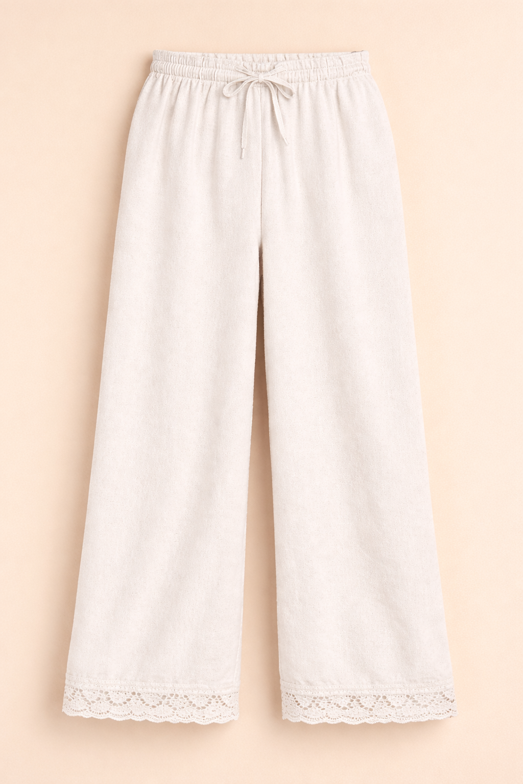 Elegant Off-White Lace Hem Wide-Leg Pants