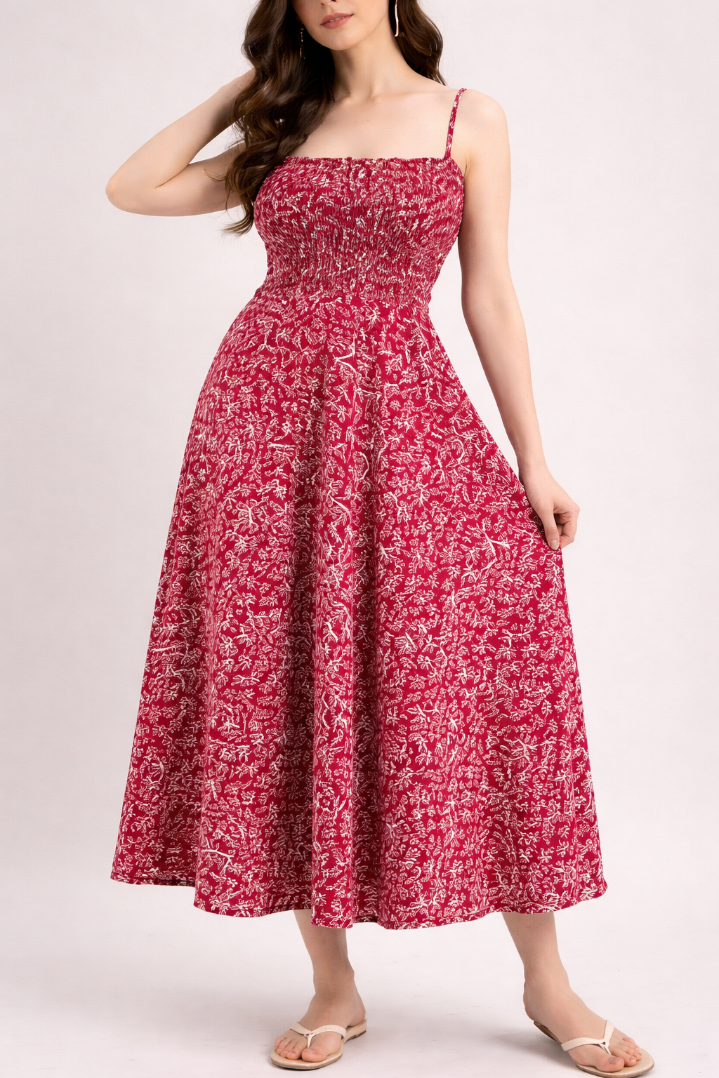 Elegant Red Floral Midi Dress