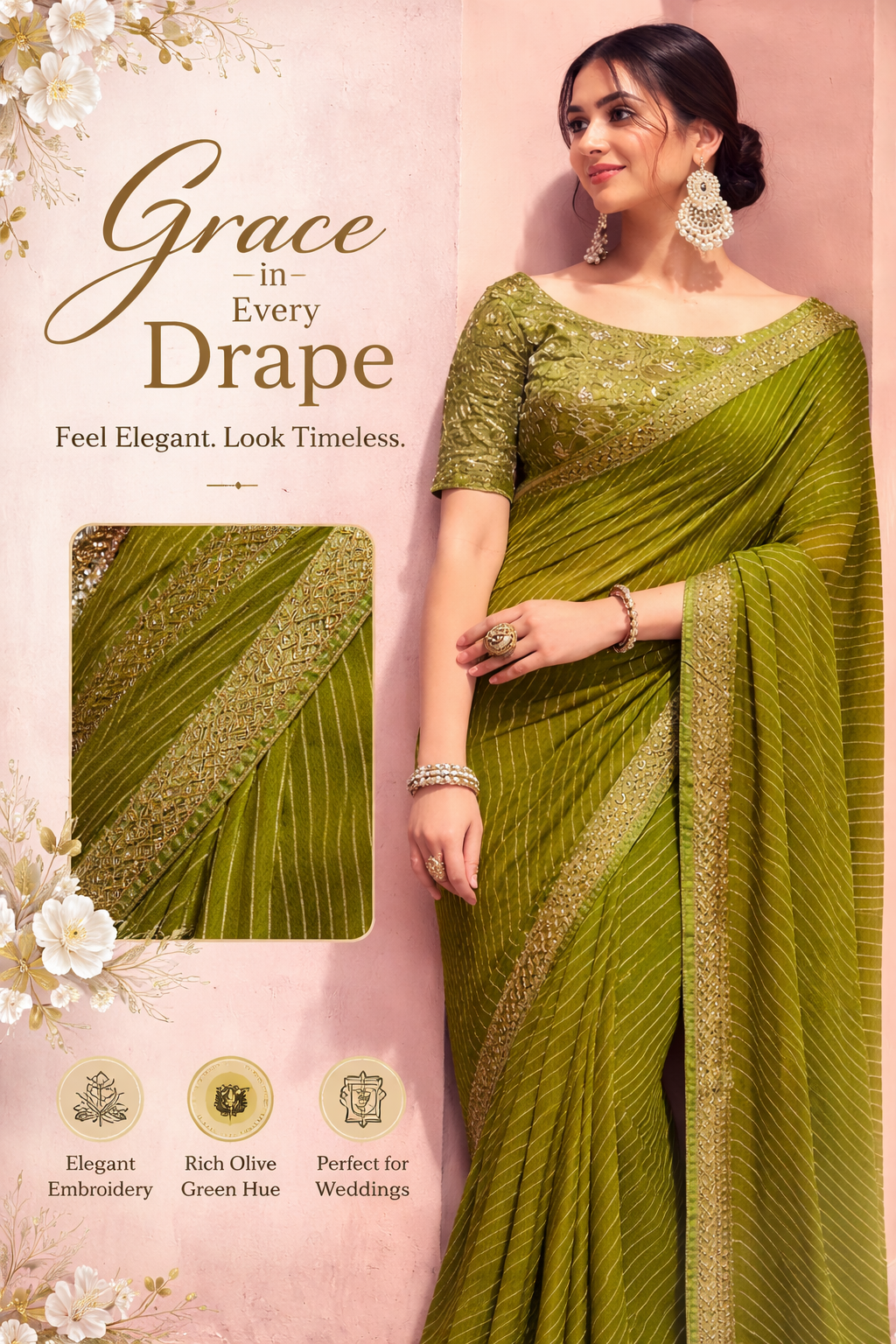 Royal Olive Green Designer Saree with Embroidered Blouse