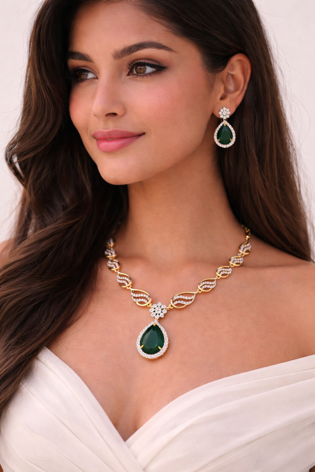 Elegant Gold Plated Teardrop Necklace Set with Crystal Stones (Red/Blue/Green)