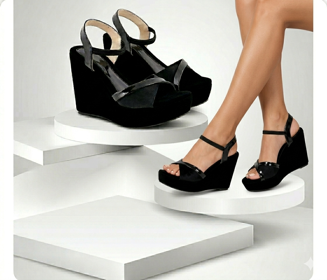 Sole Velour Women’s Black Velvet Wedge Sandals – Elegant Platform Heels with Glossy Criss-Cross Straps