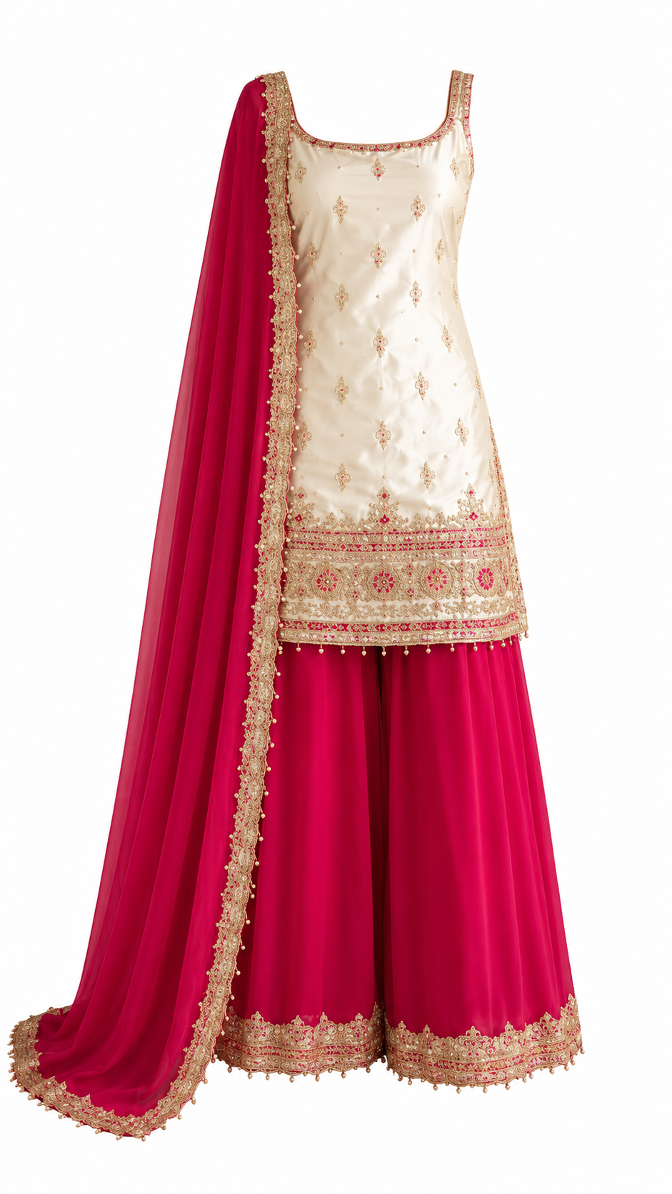 Elegant Ivory & Rani Pink Embroidered Sharara Suit Set with Dupatta