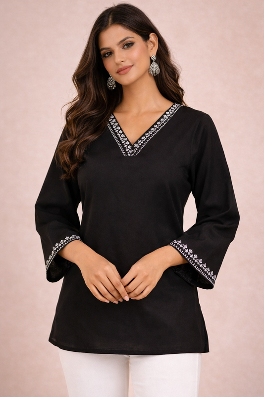 Elegant Black Embroidered Tunic Top