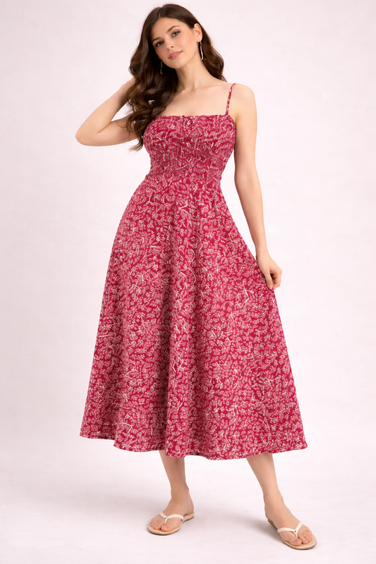 Elegant Red Floral Midi Dress