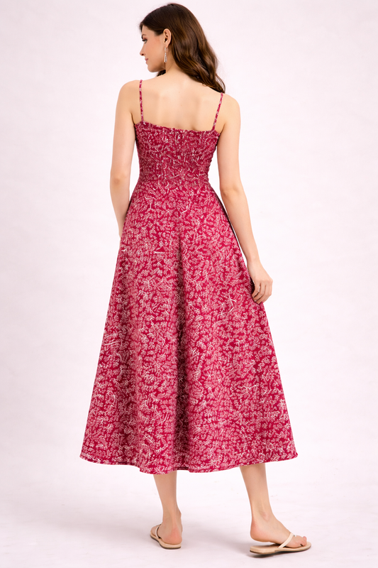 Elegant Red Floral Midi Dress