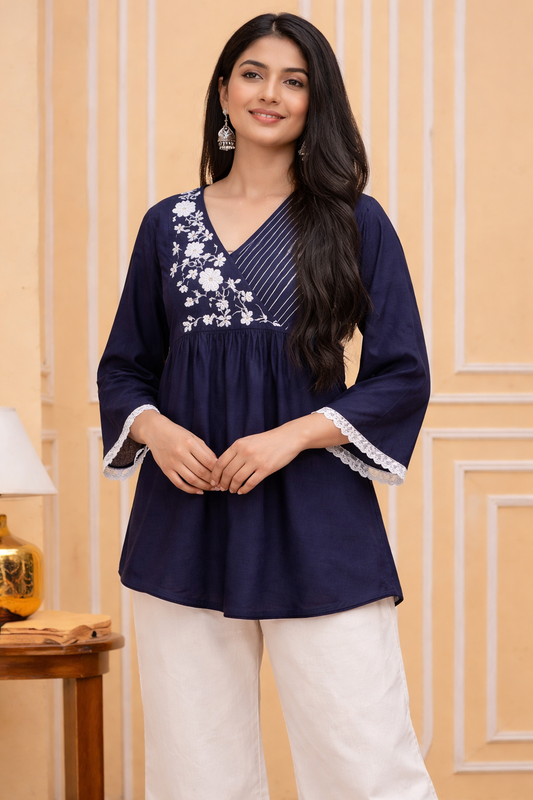 Navy Blue Embroidered V-Neck Tunic Top for Women