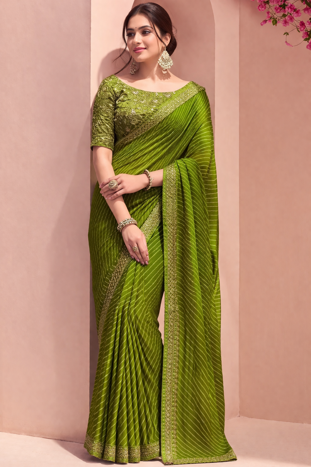 Royal Olive Green Designer Saree with Embroidered Blouse