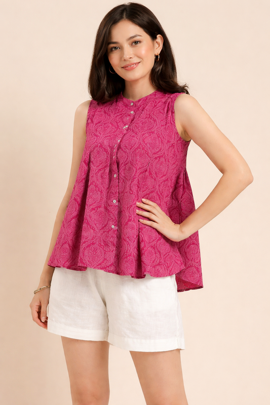 Pink Paisley Sleeveless A-Line Top for Women