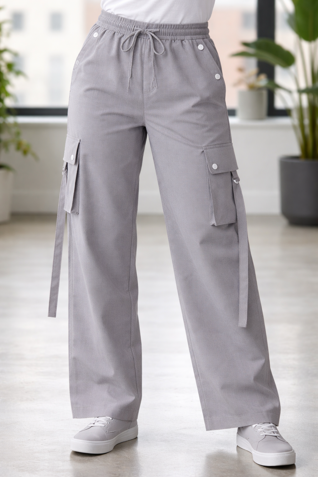 Stylish Grey Wide-Leg Cargo Pants