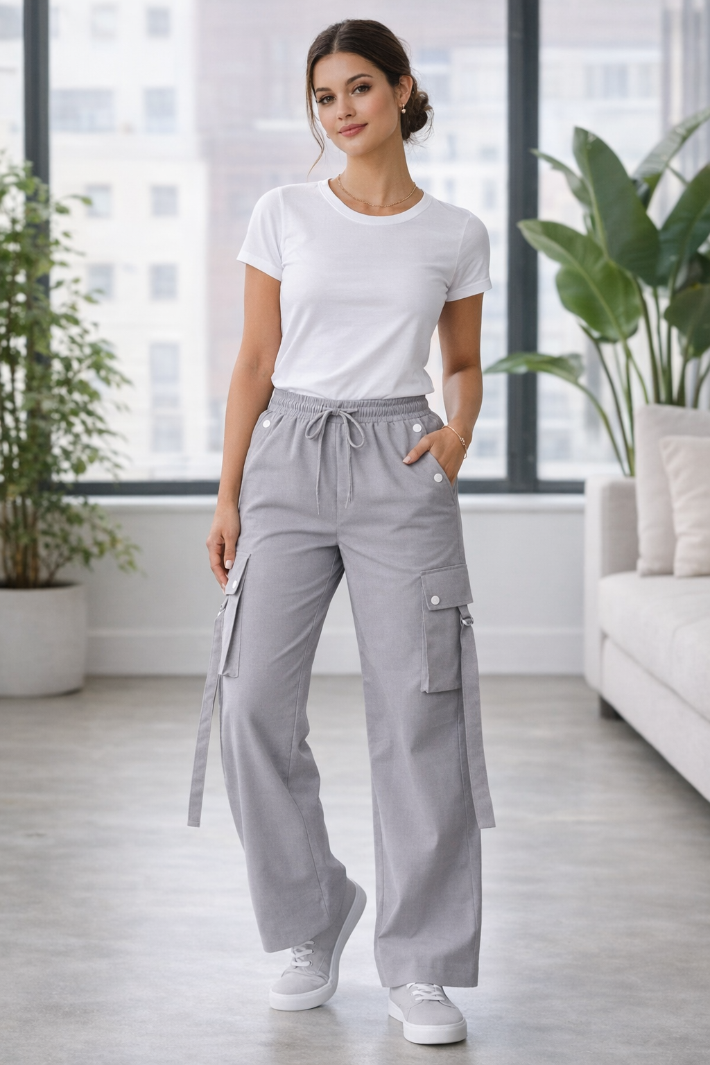 Stylish Grey Wide-Leg Cargo Pants