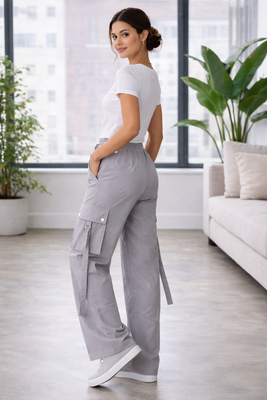 Stylish Grey Wide-Leg Cargo Pants
