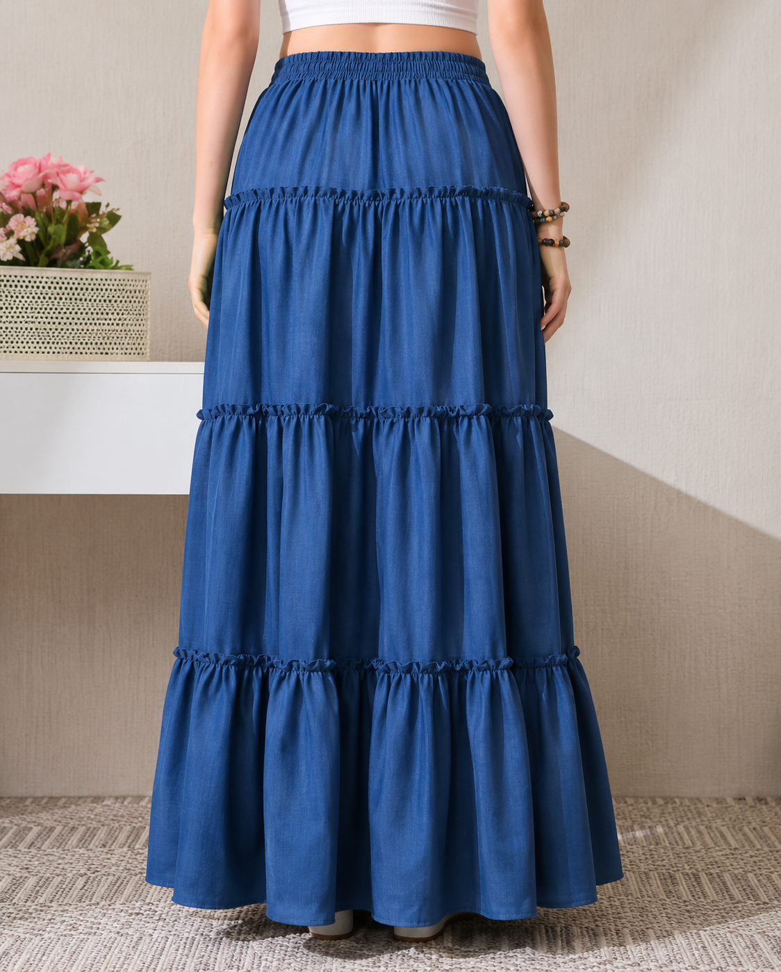 Women's Blue Tiered Maxi Skirt