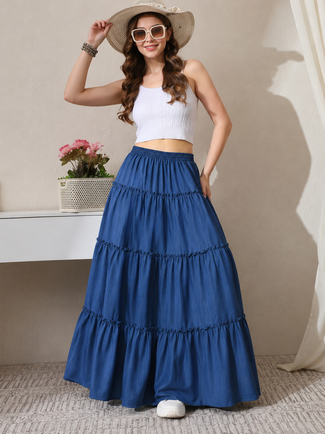 Women's Blue Tiered Maxi Skirt