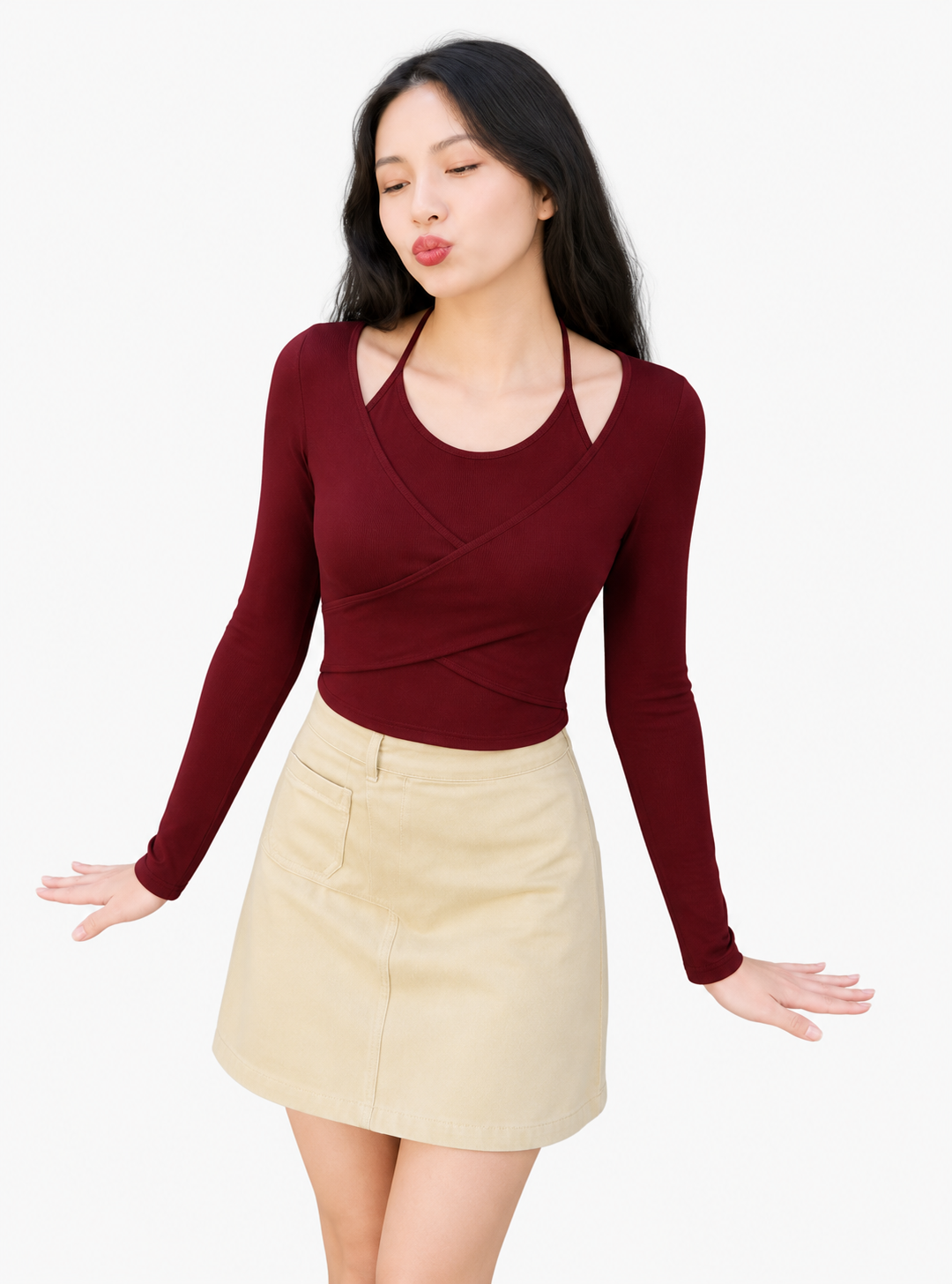 Wine Red Cross Wrap Crop Top