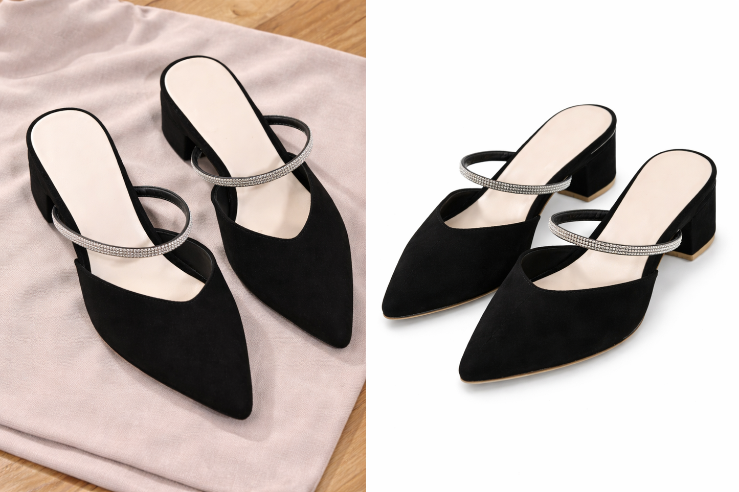 Elegant Pointed-Toe Rhinestone Strap Mule Heels for Women