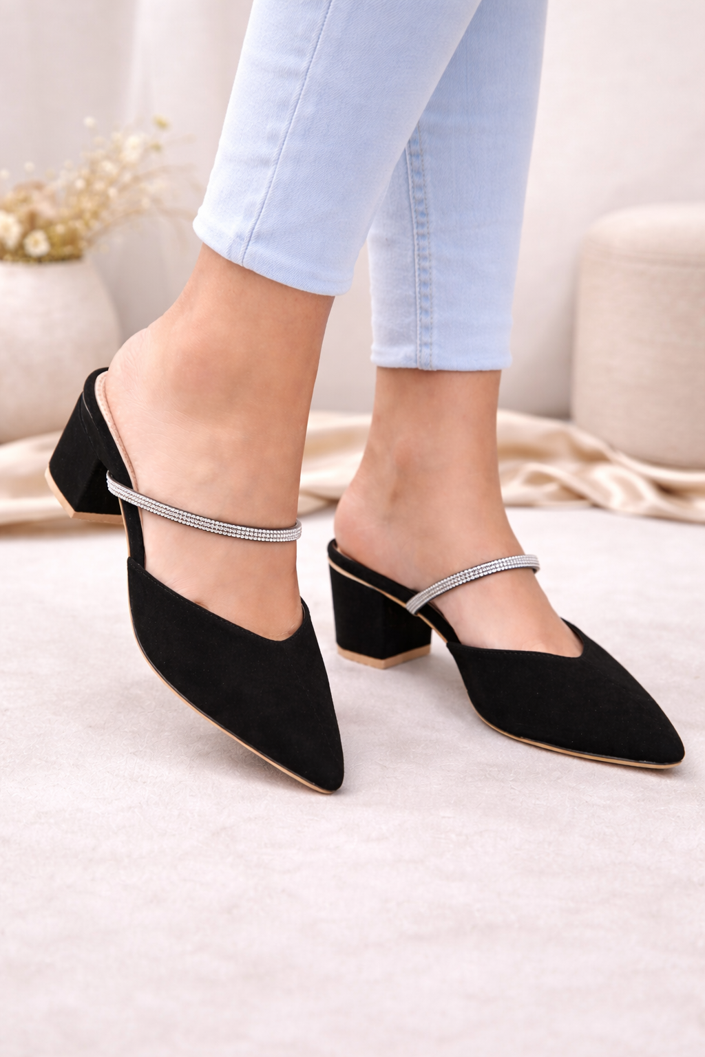 Elegant Pointed-Toe Rhinestone Strap Mule Heels for Women