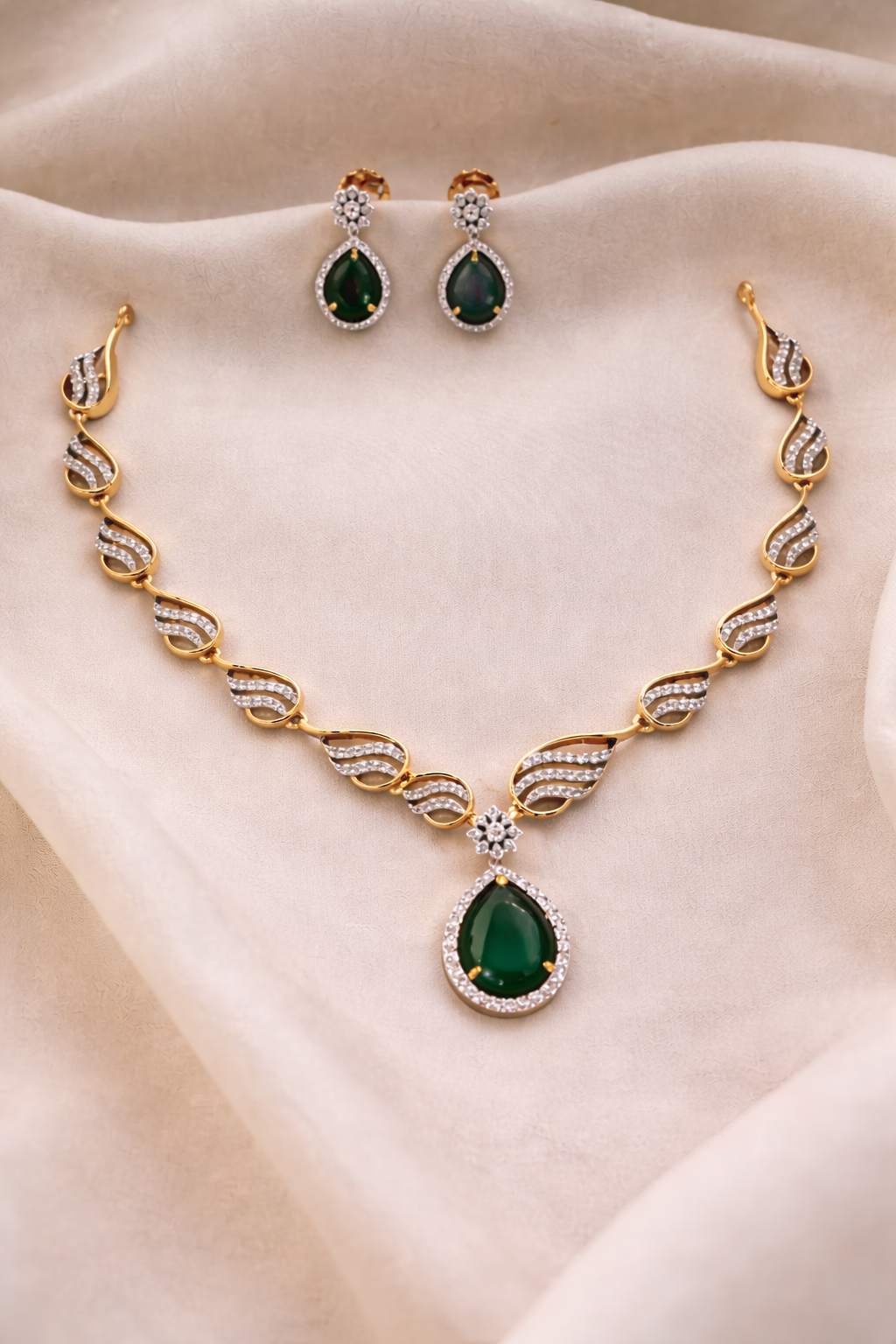 Elegant Gold Plated Teardrop Necklace Set with Crystal Stones (Red/Blue/Green)