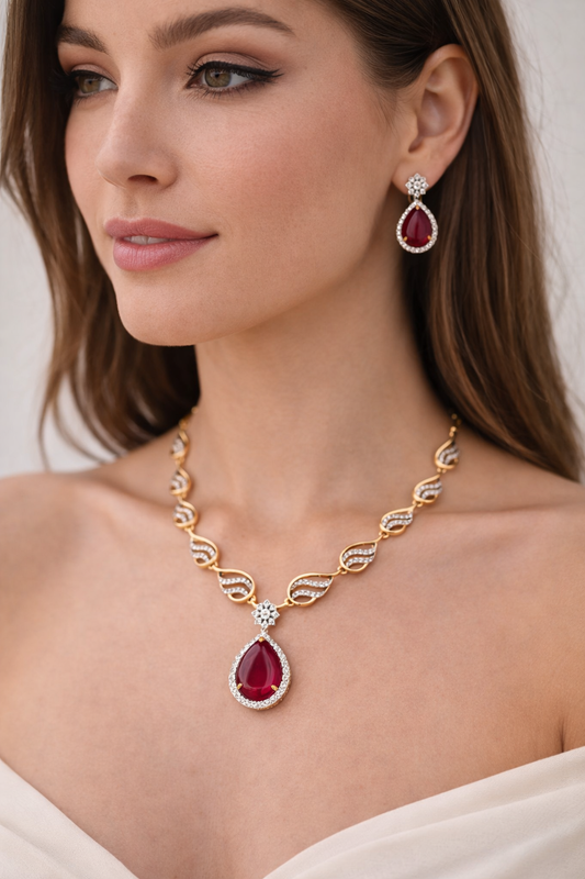 Elegant Gold Plated Teardrop Necklace Set with Crystal Stones (Red/Blue/Green)
