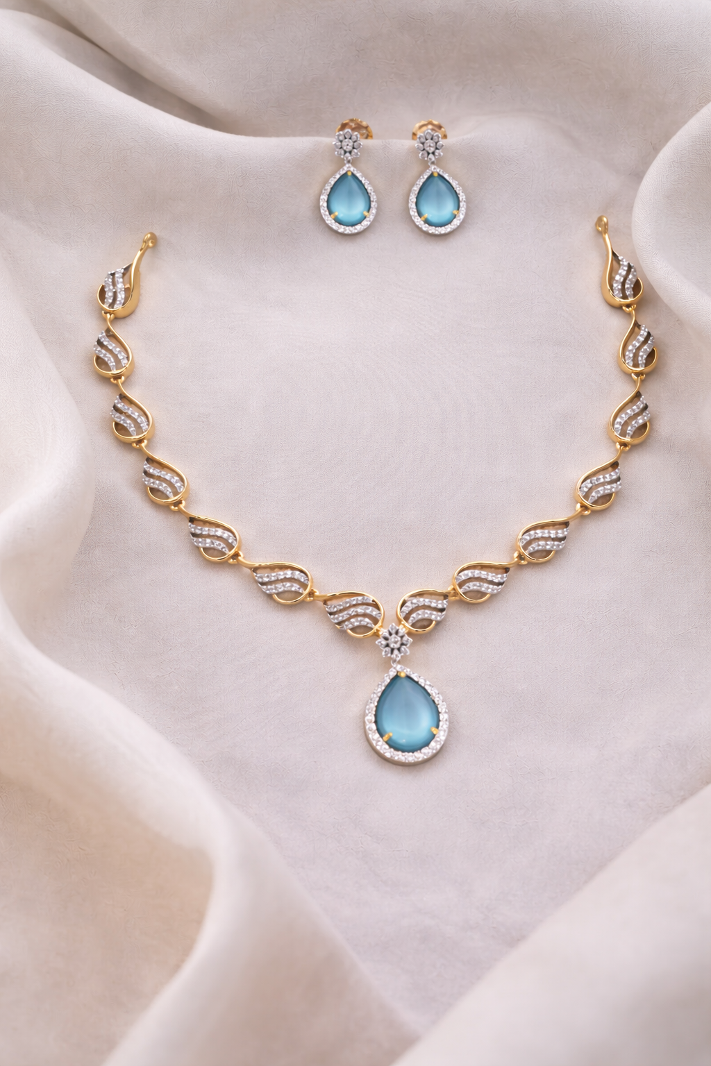 Elegant Gold Plated Teardrop Necklace Set with Crystal Stones (Red/Blue/Green)