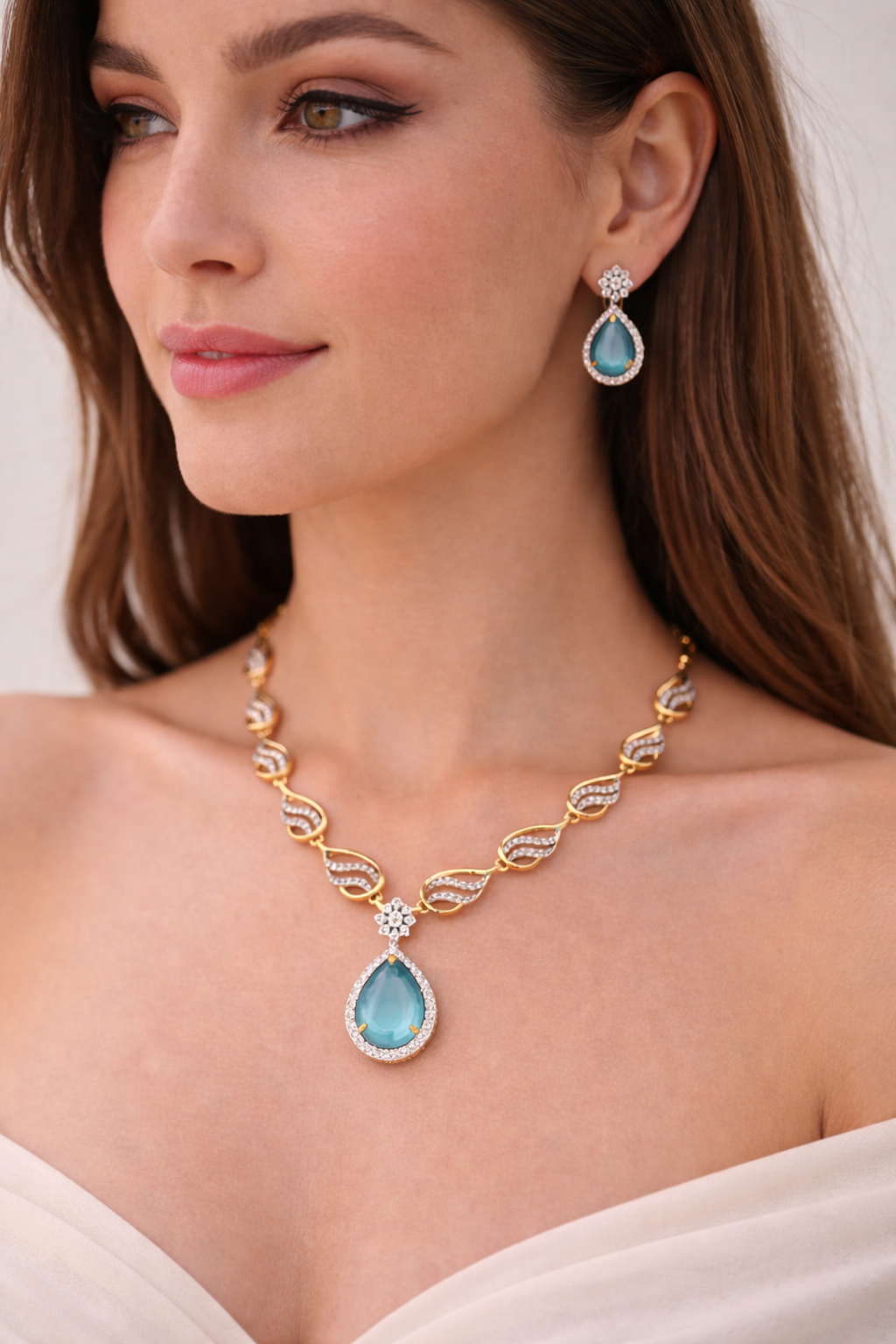 Elegant Gold Plated Teardrop Necklace Set with Crystal Stones (Red/Blue/Green)