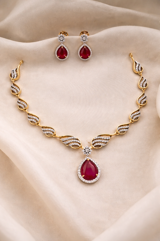 Elegant Gold Plated Teardrop Necklace Set with Crystal Stones (Red/Blue/Green)