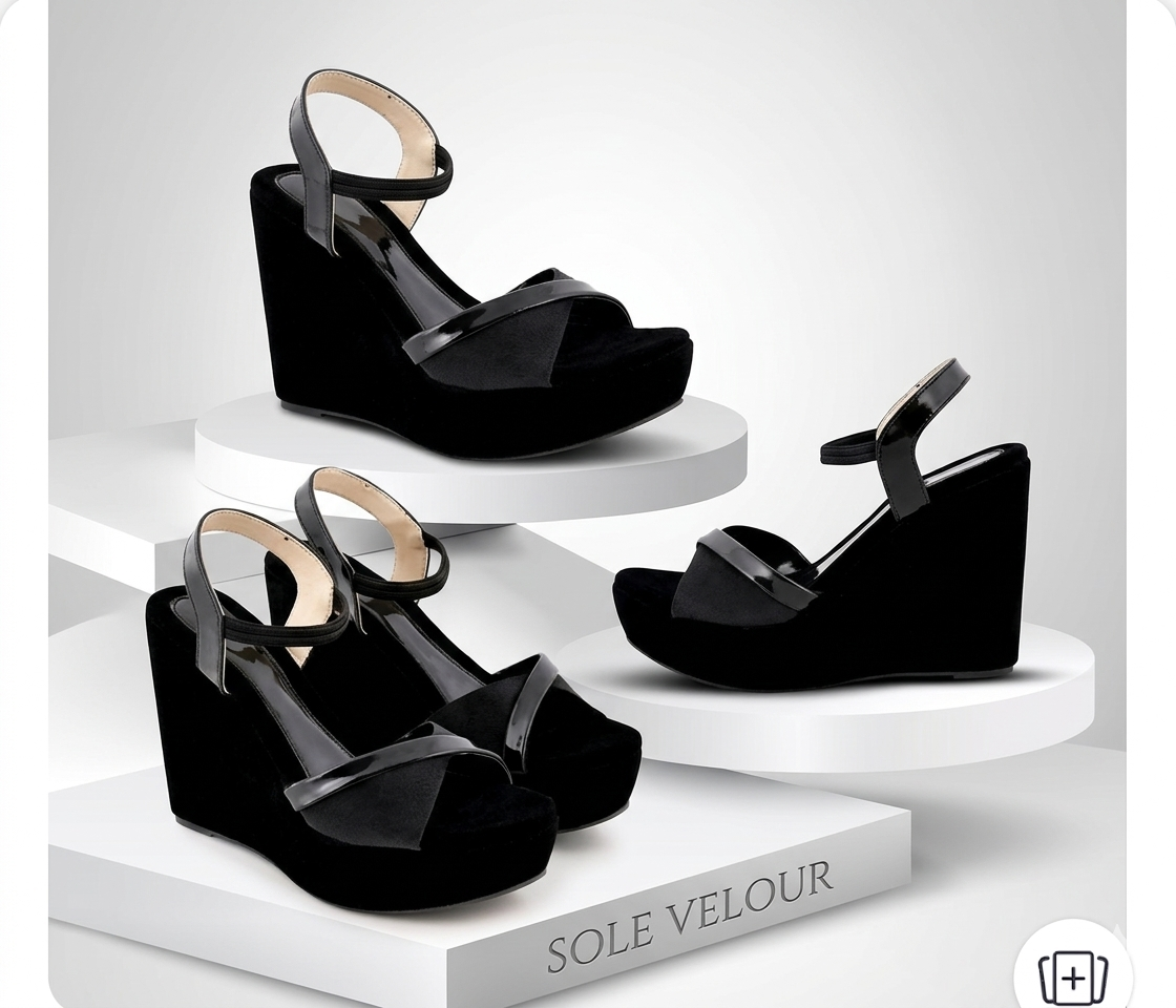 Sole Velour Women’s Black Velvet Wedge Sandals – Elegant Platform Heels with Glossy Criss-Cross Straps