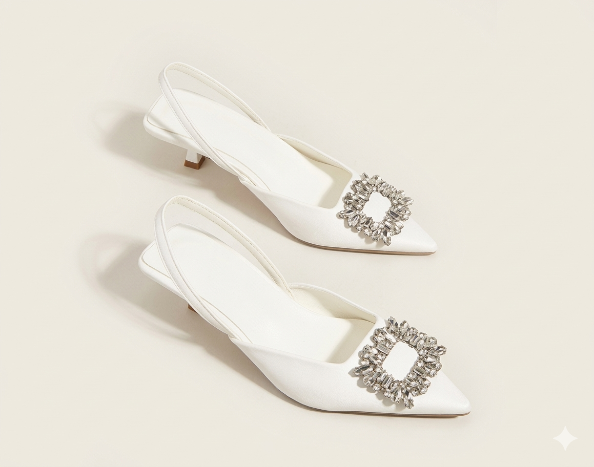Modele Luxe Pearl White Slingback Kitten Heels – Pointed-Toe Pumps with Crystal-Encrusted