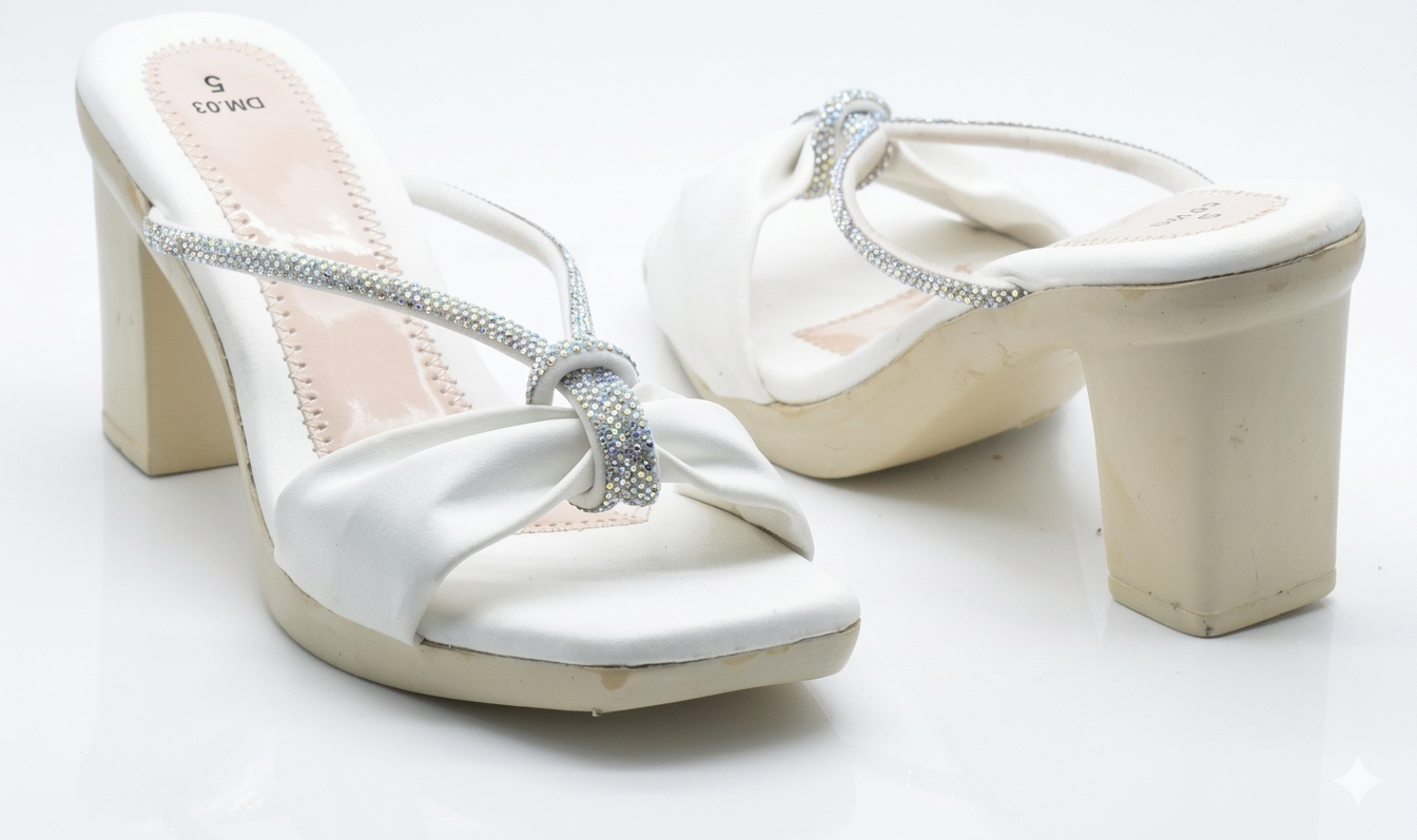Elegant White Satin Block Heels with Crystal-Embellished Straps