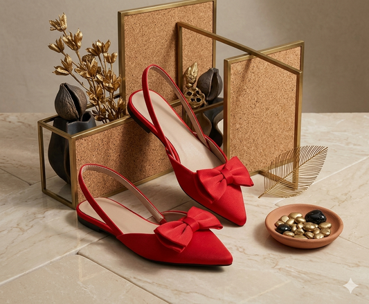 Chic Red Pointed-Toe Slingback Flats with Statement Bow