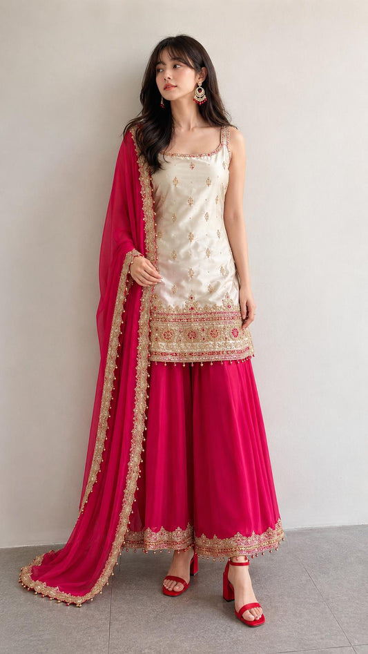 Elegant Ivory & Rani Pink Embroidered Sharara Suit Set with Dupatta