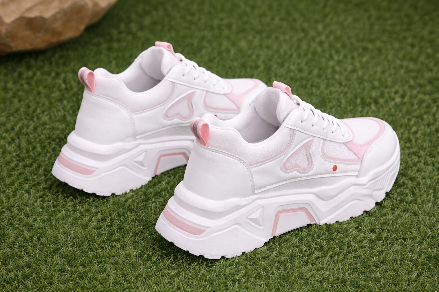 Women’s Chunky Platform Sneakers – White & Pink Casual Trend Shoes