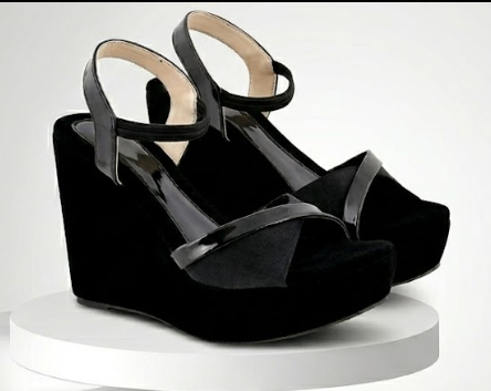 Sole Velour Women’s Black Velvet Wedge Sandals – Elegant Platform Heels with Glossy Criss-Cross Straps