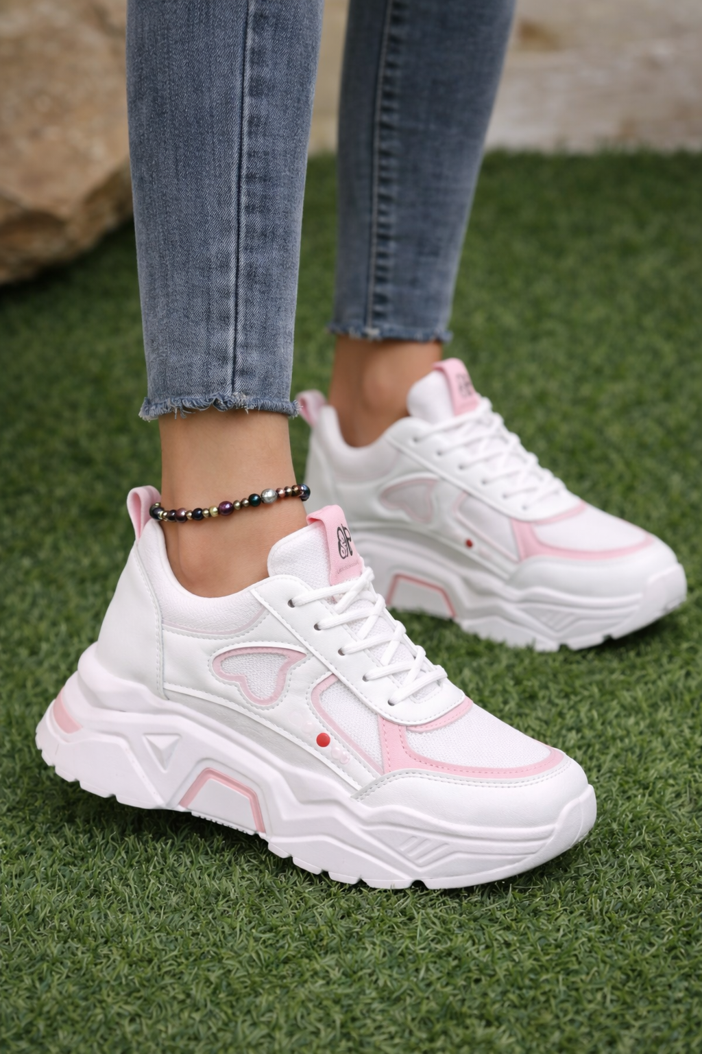 Women’s Chunky Platform Sneakers – White & Pink Casual Trend Shoes