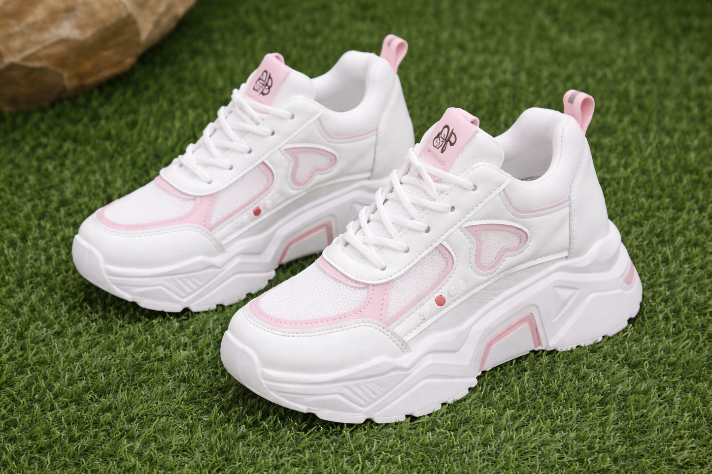 Women’s Chunky Platform Sneakers – White & Pink Casual Trend Shoes