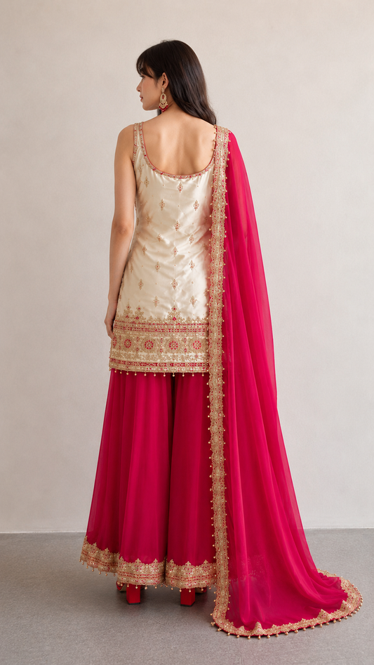 Elegant Ivory & Rani Pink Embroidered Sharara Suit Set with Dupatta
