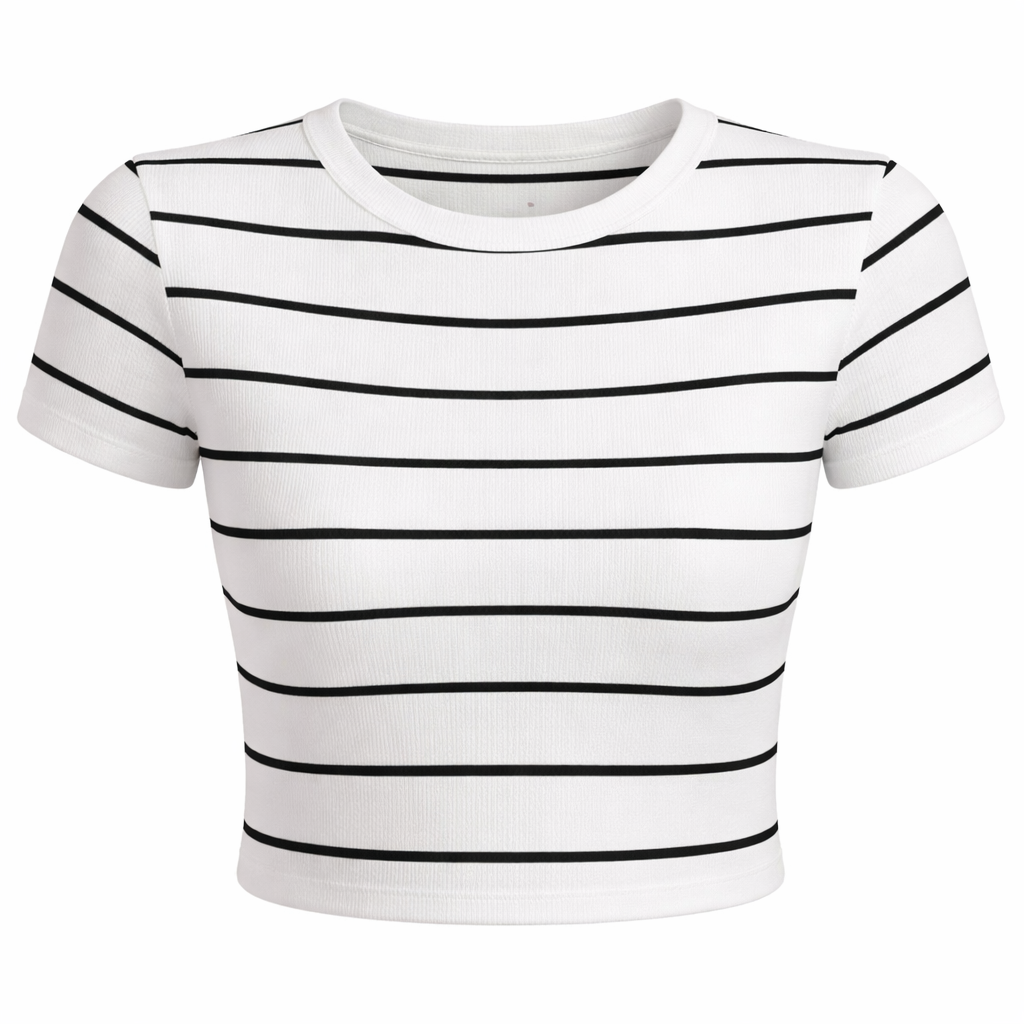 Women’s Ribbed Striped Crop Top – Slim Fit Casual T-Shirt (White & Black)