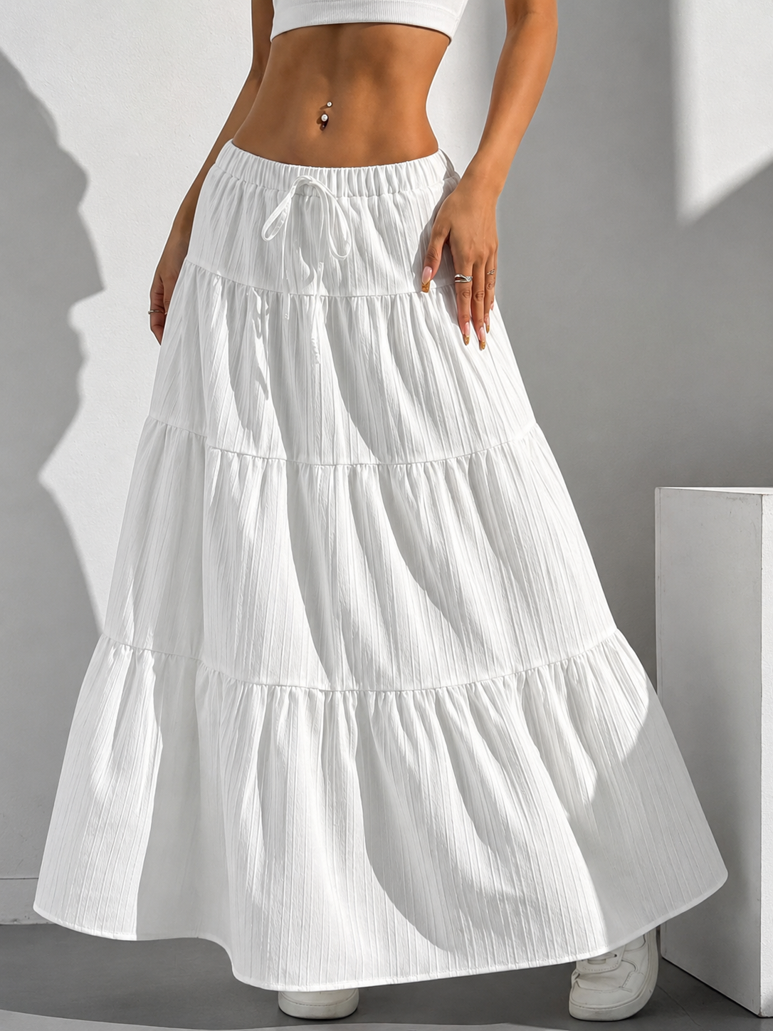 Women's White Tiered Maxi Skirt