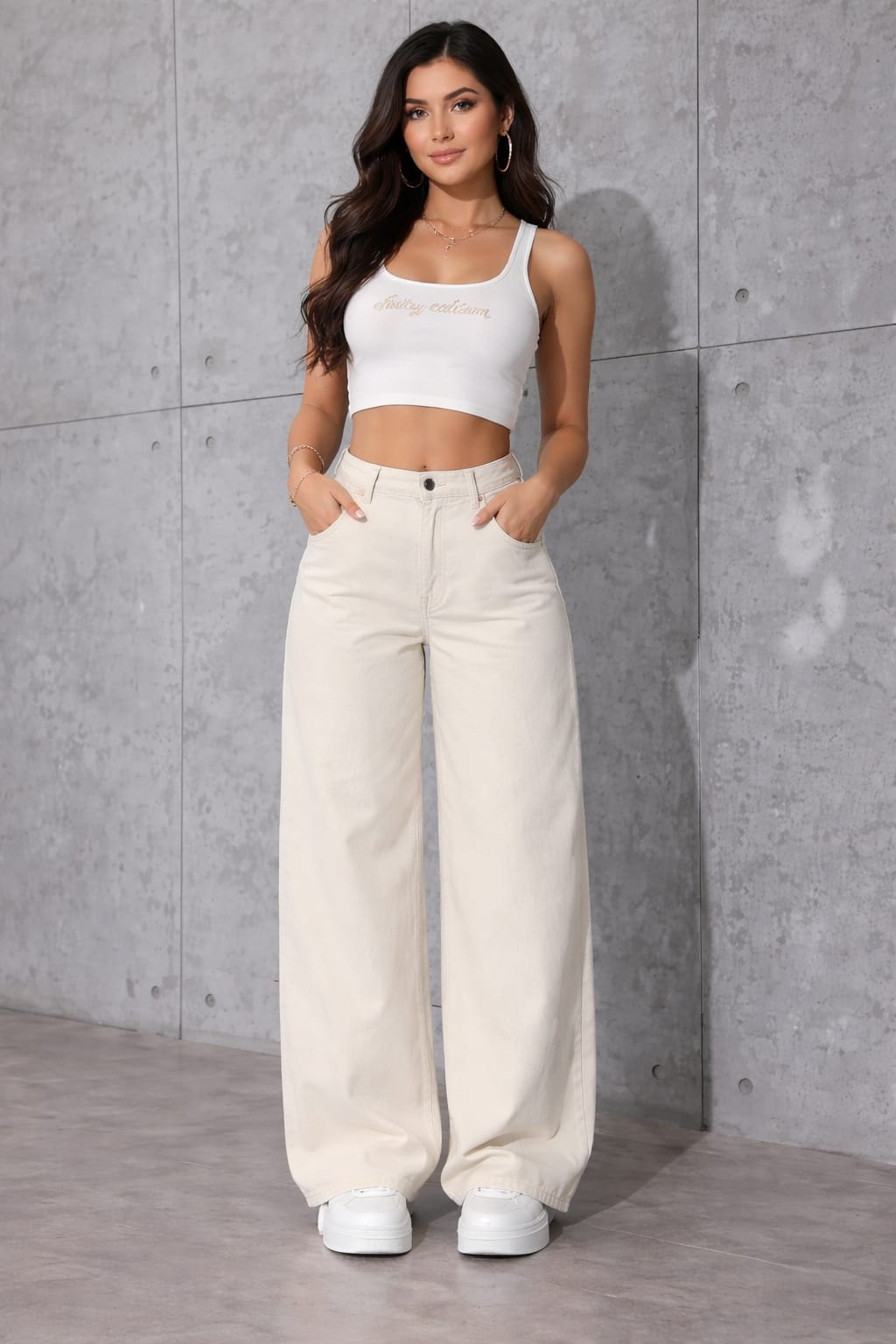 Women’s High-Waist Wide Leg Beige Denim Jeans