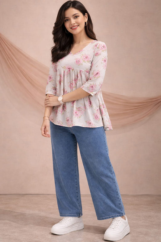 Floral V-Neck Casual Kurti Top